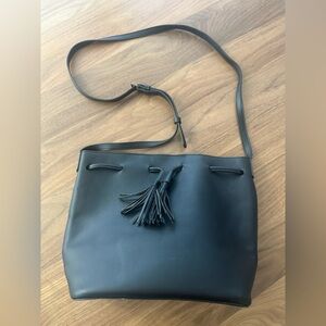J.Crew Black Vegan Leather Tassel Bucket Crossbody Purse
